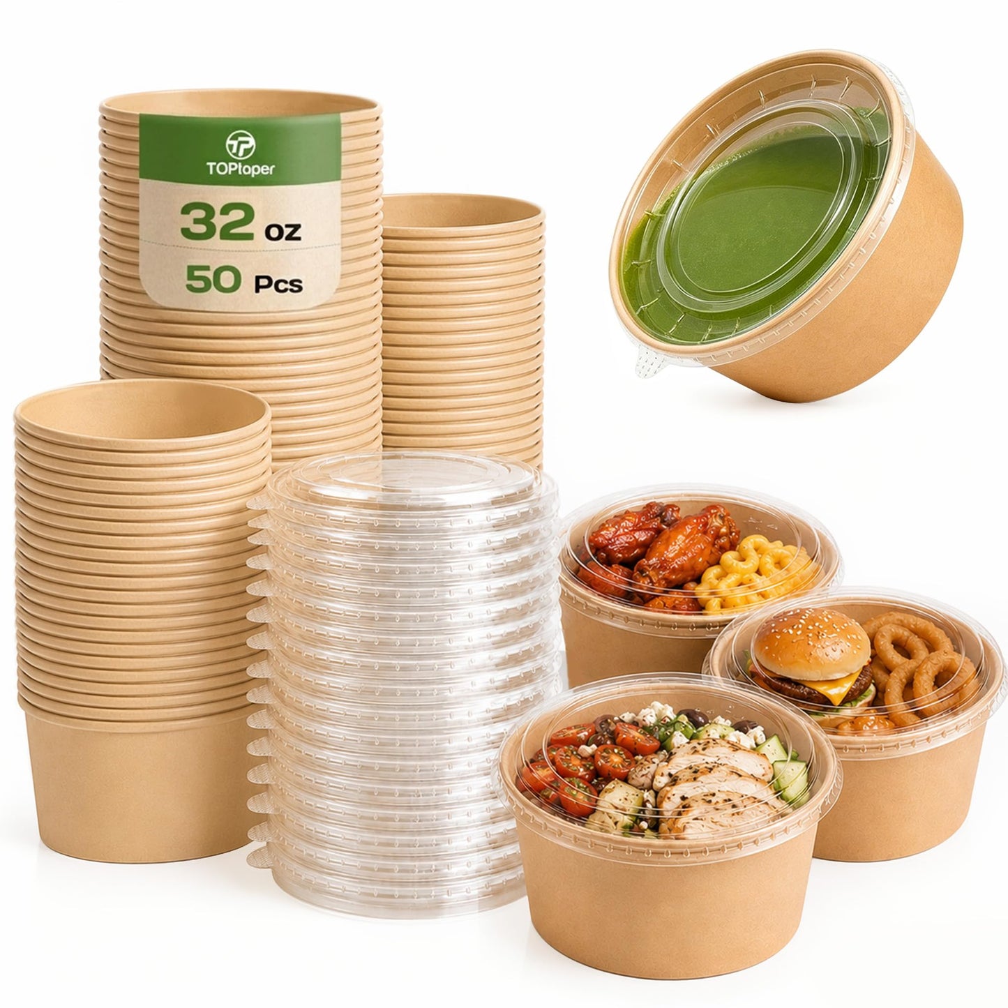 TOPtoper 50 Pcs 32 Oz Large Paper Bowls with Lids, Disposable Soup Serving Bowls Bulk Party Supplies for Hot/Cold Food, Soup (32 OZ)