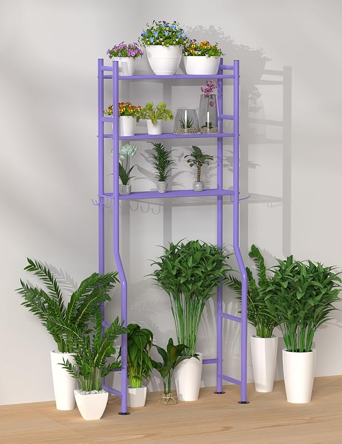 3-Tier Over The Toilet Storage, Freestanding Metal Bathroom Shelves with 4 Hooks, Over Toilet Storage Shelf with Paper Holder, Above The Toilet Shelf for Bathroom Storage, Purple