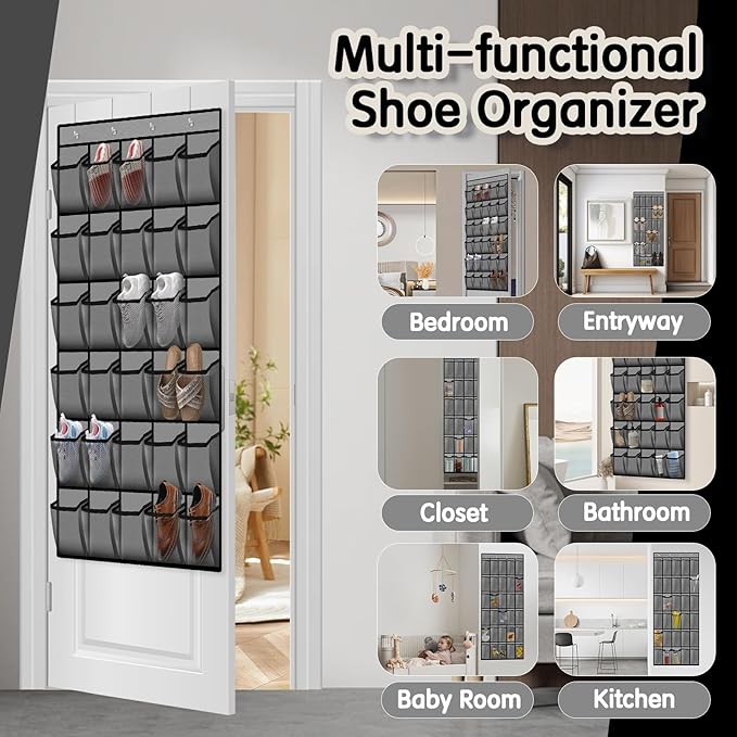 Over the Door Shoe Organizer with 30 Breathable Mesh Pockets - Large Capacity Closet Storage for Men & Women, Hanging Shoe Rack Organizer (Gray)