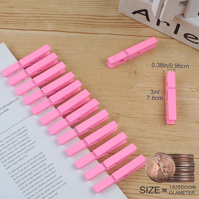 Phinus 72 Pcs Colorful Wooden Clothes Pins, 2.9 Inch Clothes Pins for Baby Shower Games, Hanging Clothes, Pictures, Photos, Classroom, Crafts, Decoration, Colorful Clothespins Heavy Duty (Pink)