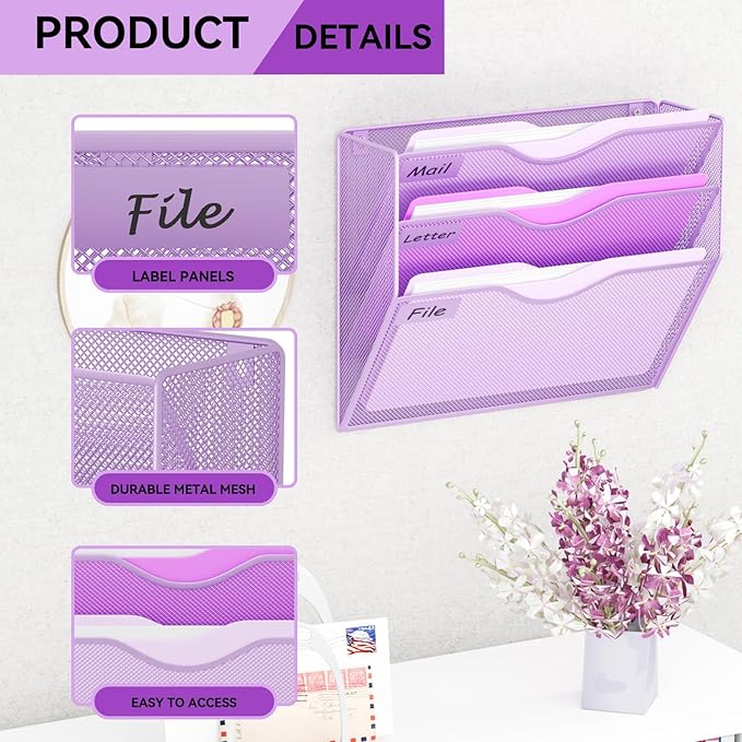 3 Pockets Hanging Wall File Organizer Mail Holder, Wall Mounted Paper Document Folder Holder, Clipboard Storage Organization Magazine Rack, Light Purple