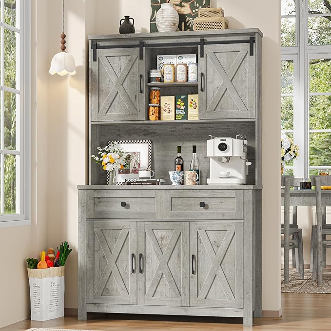 Befrases 67.7 Inch Farmhouse Pantry Storage Cabinet with Sliding Barn Doors, 2 Drawer Farmhouse Coffee Cabinet with Adjustable Shelf, Side Board with Buffet Cupboard Livingroom Kitchen, Grey