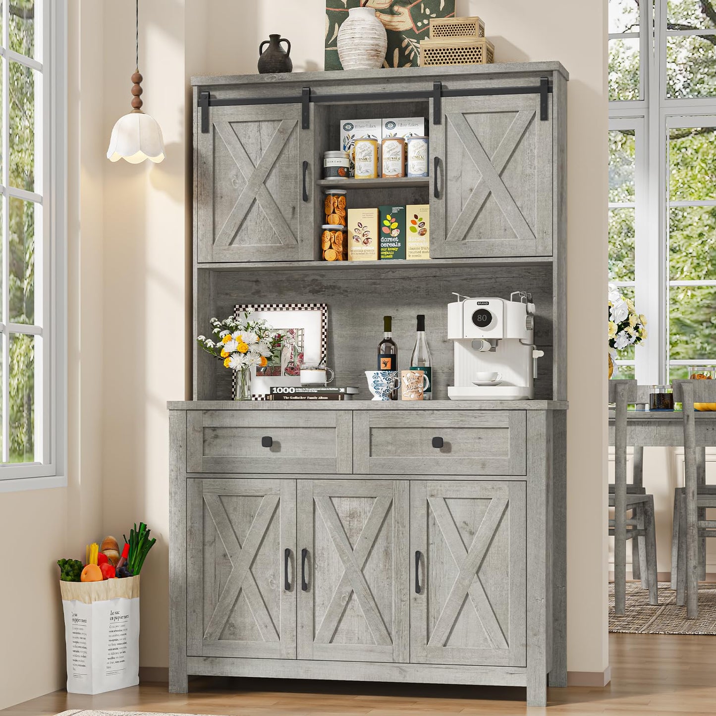 Befrases 67.7 Inch Farmhouse Pantry Storage Cabinet with Sliding Barn Doors, 2 Drawer Farmhouse Coffee Cabinet with Adjustable Shelf, Side Board with Buffet Cupboard Livingroom Kitchen, Grey