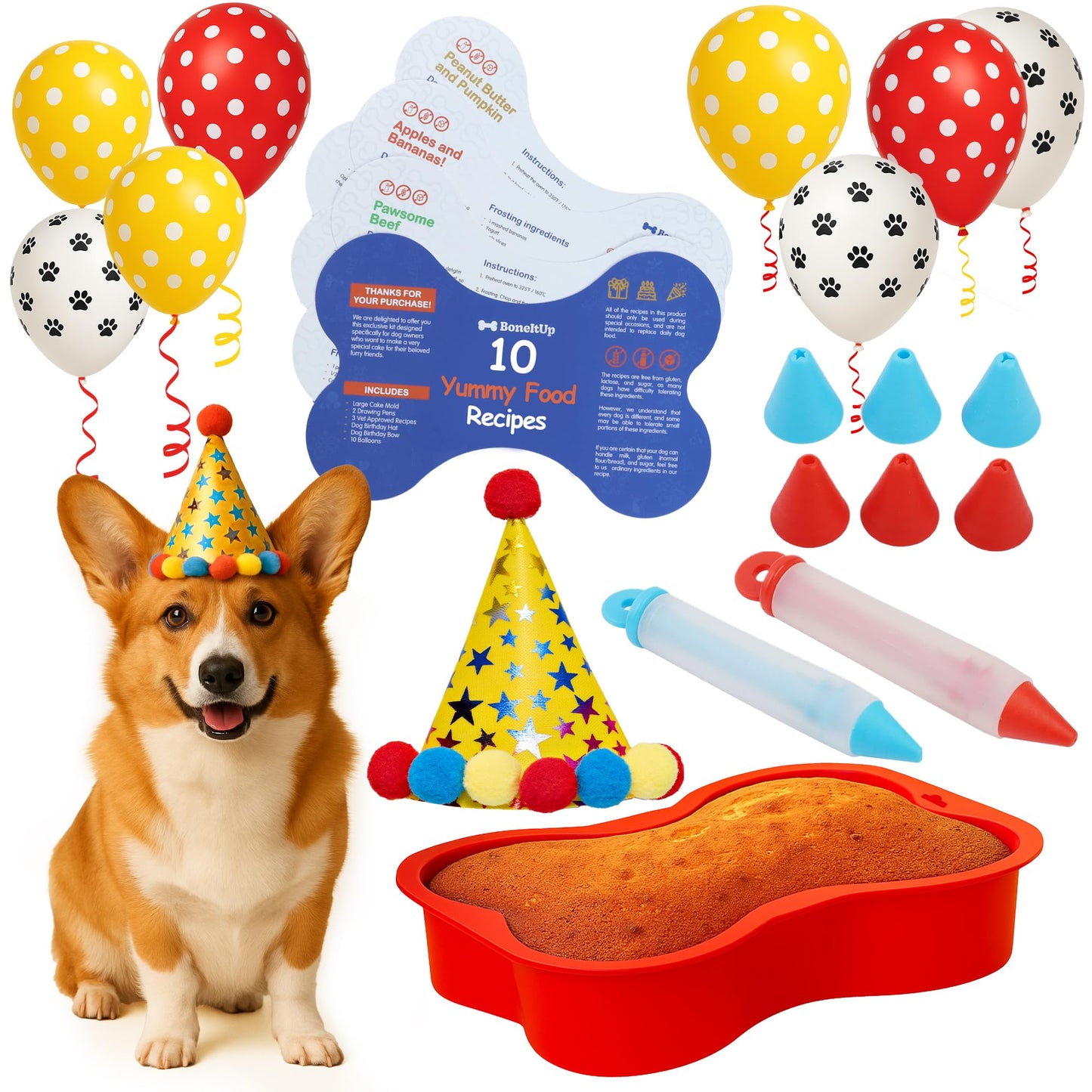 BoneItUp Dog Birthday Cake Kit - Bake Birthday Cakes for Dogs - Dog Party Supplies Set with - Large Cake Mold, 3 Vet-Backed Cake Recipes, 2 Drawing Pens, 10 Balloons, Birthday Hat & Bow