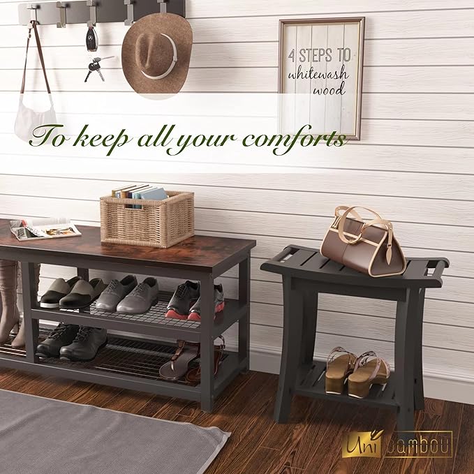 Bamboo Shower Bench Inside Shower Stool with Storage Shelf, Spa Bath Chair for Bathroom, Seat or Organizer for Living Room, Bedroom and Garden - Great for All Ages Unisex Elderly, Black