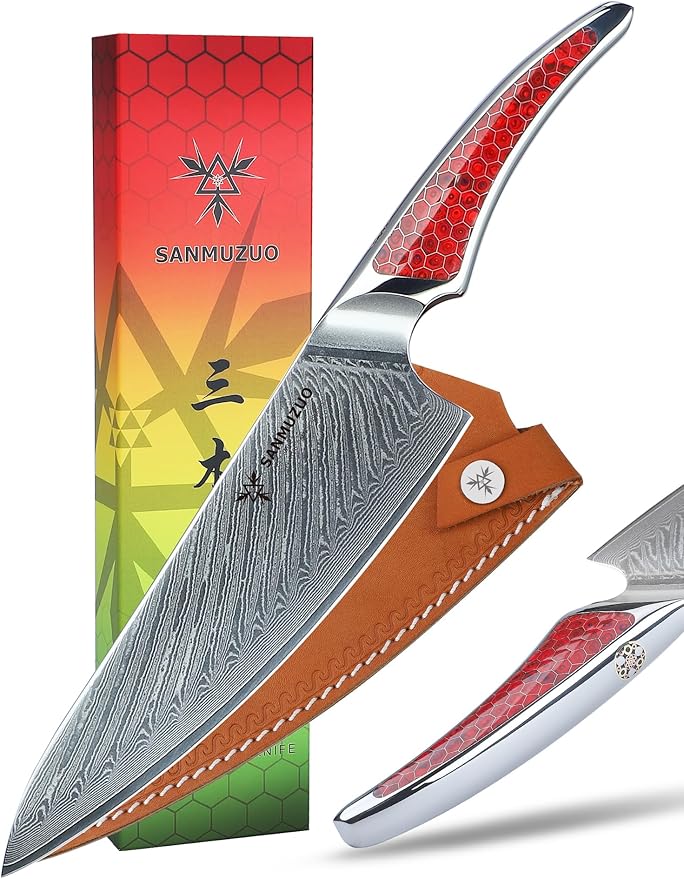 SANMUZUO 8 inch Chef Knife, Japanese VG-10 Damascus Steel Kitchen Knife, Ultra Sharp Cooking Knife with Full-tang Handle in Red Resin, LA-S9 Series