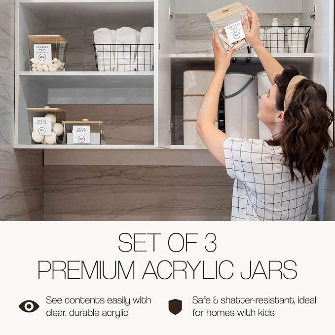 3 Pack Acrylic Laundry Room Organization Containers with Gold & Wood Knobs – Laundry Pods Container & Detergent Organizer Set | Clear Laundry Jars | Scoops & Customizable Labels | Storage Canisters