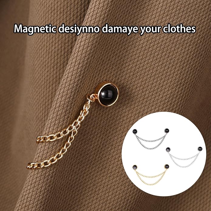 6pcs Magnetic Clothing Clips with Chain, Multi-Function Magnet Button Pins Hijab Cuff Clips for Fixing Hem of Clothes Long Pants Legs Sleeves of Shirts