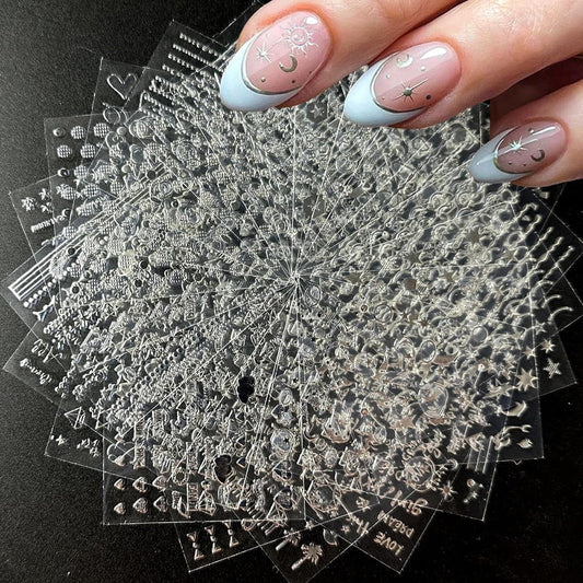 30 Sheets Silver Nail Art Stickers 3D Self-Adhesive Line Nail Decals Silver Star Nail Stickers Moon Heart Nail Supplies Nail Art Design for DIY Acrylic Nails Decoration Accessories for Women