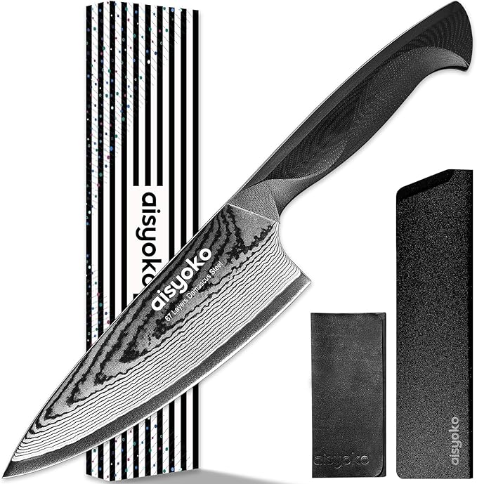 aisyoko Damascus Chef Knife 8 Inch Sharp Kitchen Knife Japan VG-10 Stainless Steel Carbon Ultra Sharp Kitchen Cooking Knife, Ergonomic G10 Handle Deluxe Gift Box