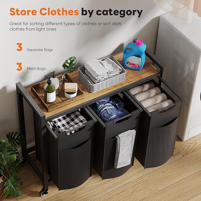 DUMOS Laundry Hamper with 3 Pull-Out Removable Sorter Bags, Movable Wheels, Freestanding Clothes Basket Organizer in Bathroom, 3 × 10.6 Gal (120L) Capacity, Rustic Brown and Black