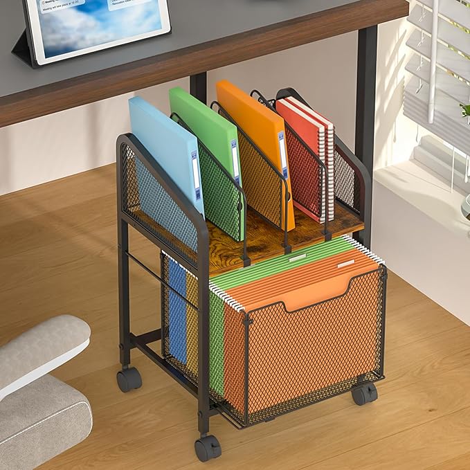 Rolling File Cabinet with Adjustable Dividers, Vertical Filing Cabinet with Storage Drawer on Lockable Wheels, Hanging File Organizer Beside Under Desk for Office, Home（Patent Pending）