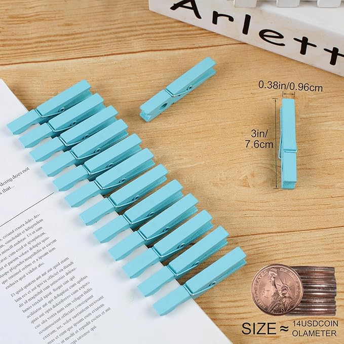 Phinus 72 Pcs Wooden Clothes Pins, 2.9 Inch Clothes Pins for Hanging Clothes, Pictures, Photos, Classroom, Crafts, Decoration, Clothespins Heavy Duty (Lake Blue)