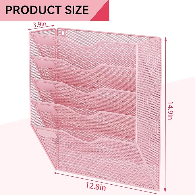 5 Pockets Hanging Wall File Organizer Mail Holder, Wall Mounted Paper Document Folder Holder, Clipboard Storage Organization Magazine Rack, Pink