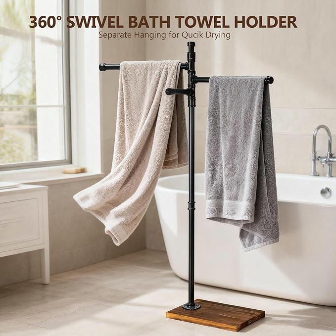 Hjarta 360° Swivel Standing Towel Rack, Free Standing Towel Holder with Wooden Base, Towel Stand with 3 Arms for Bathroom, Poolside