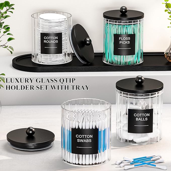 masadi 4 Pack Glass Qtip Holder Set with Tray- Bathroom Countertop Set Organizers, Cotton Round Swab Holder Dispenser Cotton Ball Holder, Apothecary Jars with Lids, Floss Pick Containers - ms Black