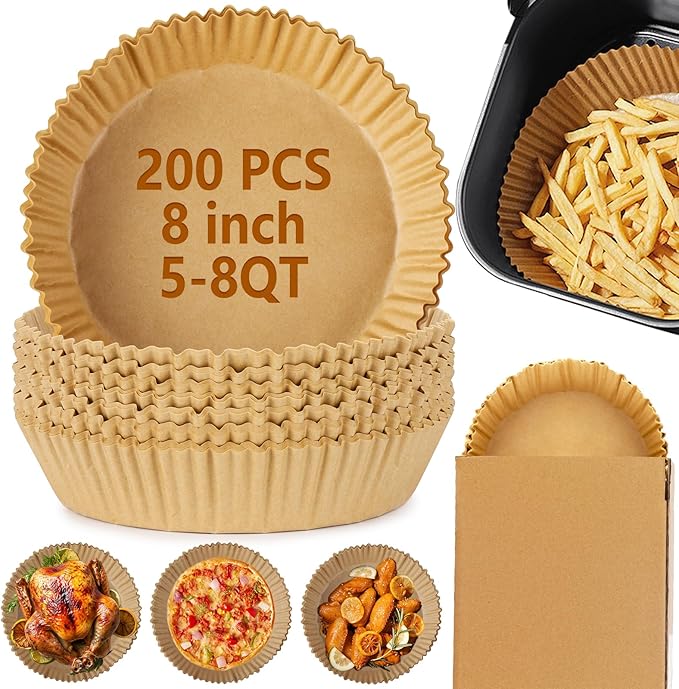 200Pcs Air Fryer Paper Liners, 8 Inch Square Disposable Paper Liner, Non-stick Parchment Paper for Frying Baking Roasting Microwave Oven