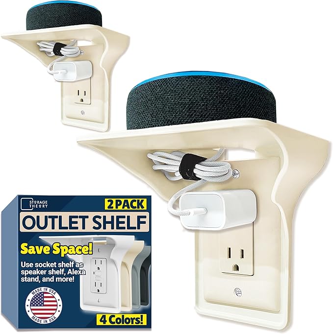 BeraTek Power Perch Wall Outlet Shelf | Declutter & Reclaim Counter Space | Bedroom & Bathroom Organizing Shelves | Alexa Echo Dot Holder, Router Shelf, Holds Electric Toothbrush | Almond, 2-Pack