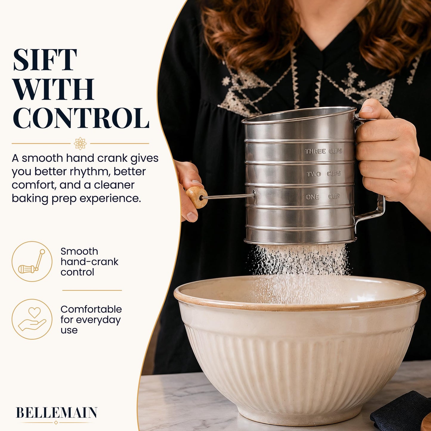 Bellemain Stainless Steel Flour Sifter for Baking with Hand Crank - 5 Cup