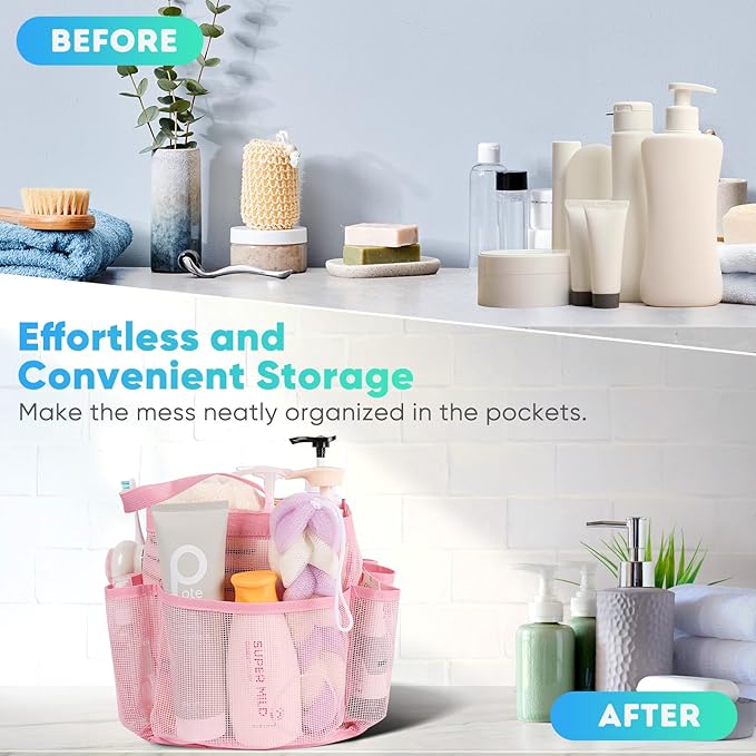 EUDELE Mesh Shower Caddy Portable for College Dorm Room Essentials,Portable Shower Caddy Dorm with 8-Pocket Large Capacity, Shower Bag for Beach, Swimming, Gym-Pink