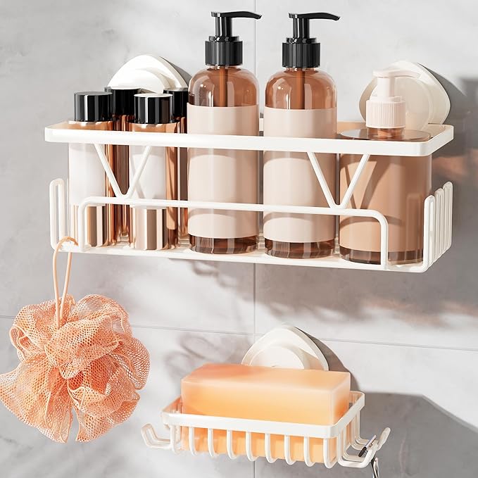 KEGII Suction Cup Shower Caddy, 2 Pack Shower Suction Shelf with Soap Holder & Hooks, No Drilling Bathroom Organizer, Stainless Steel Shampoo Holder for Bathroom Storage Basket, Cream White