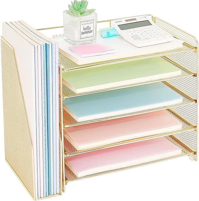 OPNICE 5-Tier Paper Organizer with Magazine Holder, Desk Organizers and Accessories, Office Desk Accessories & Workspace Organizers, Desktop File Organizer for Office Supplies Storage, Gold