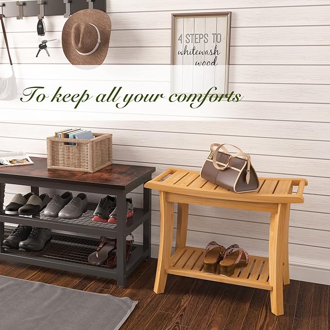 Bamboo Shower Bench Inside Shower Stool with Storage Shelf, Spa Bath Chair for Bathroom, Seat or Organizer for Living Room, Bedroom and Garden - Great for All Ages Unisex Elderly (Large, Natural)