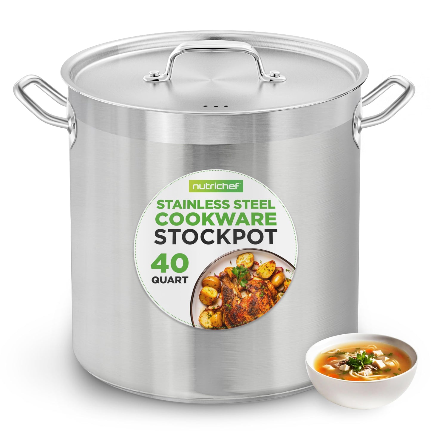 Nutrichef Stainless Steel Cookware Stockpot, 35 Quart Heavy Duty Induction Soup Pot With Stainless Steel Lid And Strong Riveted Handles, Even Heat Distribution, Compatible With Most Cooktops