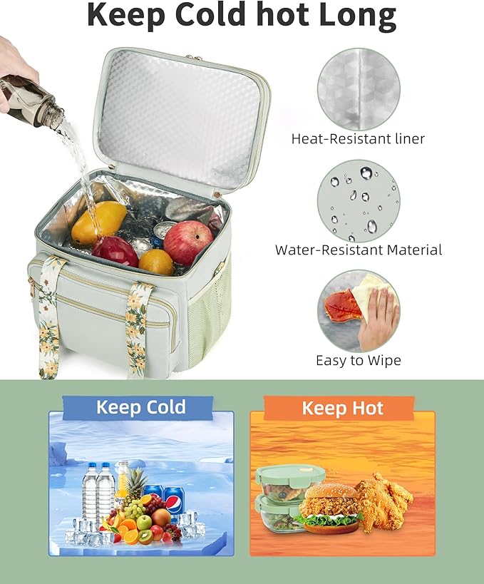 HSHRISH Expandable Lunch Box for Women, Double Deck Large Insulated Lunch Bag Women Leakproof Durable Lunch Cooler Tote Bag, Lightweight Cute Lunchbox for Work Outdoor Travel, Green