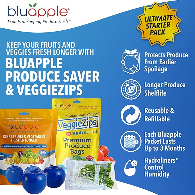 Bluapple Produce Saver Ethylene Gas Absorber - Fresh Fruit & Vegetable Storage, VeggieZips Humidity Control Storage Bags, Food Savers for Refrigerator, Kitchen Must Haves, BPA Free - Starter Pack