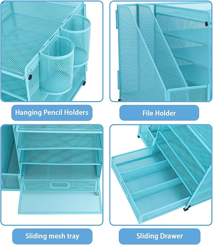 Desk Organiser File Holder With 2 Pen Holder, 5 Tier Paper Letter Tray Organiser with Drawer,Mesh Desktop Storage with Magazine Holder for Office Supplies, Sky Blue