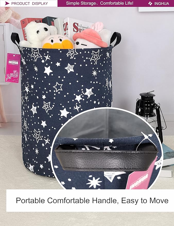 Laundry Hamper Large Canvas Fabric Lightweight Storage Basket/Toy Organizer/Dirty Clothes Collapsible Waterproof for College Dorms, Boys and Girls Bedroom,Bathroom(Blue star)