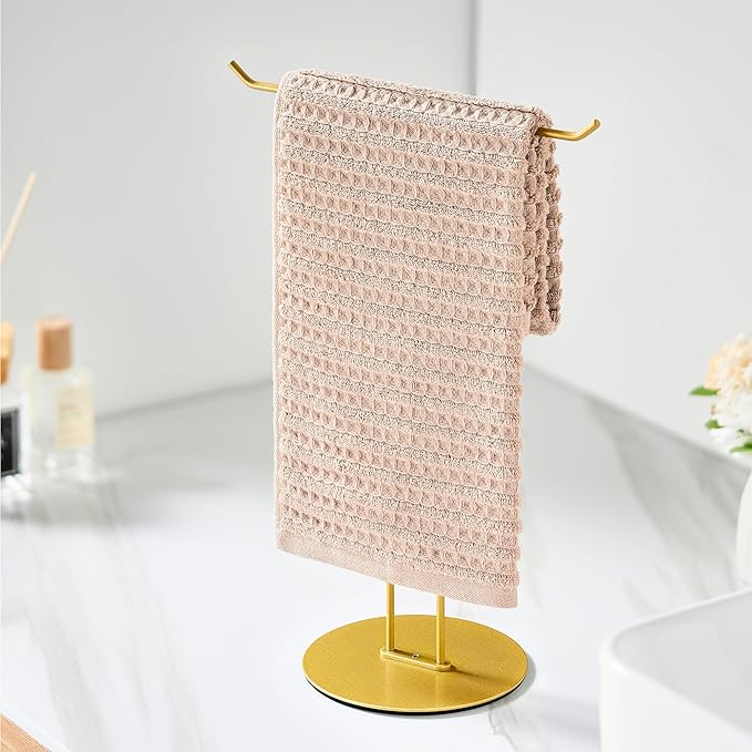 T-Shaped Hand Towel Holder Stand – Countertop Stainless Steel Towel Rack with Non-Slip Base for Bathroom, Kitchen, Vanity, Shiny Gold