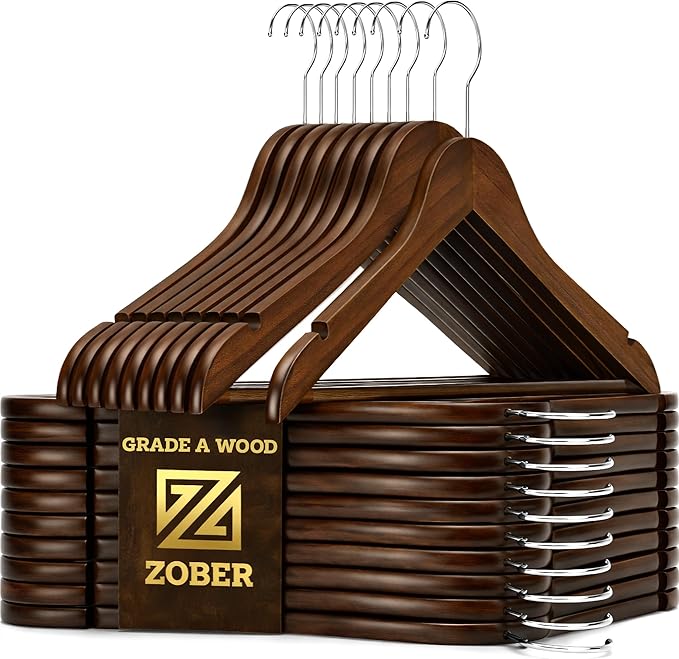 ZOBER Wooden Hangers - Heavy Duty, Non Slip Wood Hangers for Coats, Jackets, Suits, & Pants - Coat Hangers for Closet W/Bar and Notches 20 Pack
