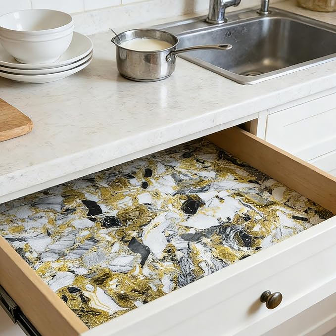 Drawer and Shelf Liner - Yellow Black Marble Pattern,Non Adhesive Non Slip Waterproof Easy-Clean Liner for Kitchen Cabinet, Refrigerator, Bathroom, Pantry Storage Drawers, 17 in x 20 Ft