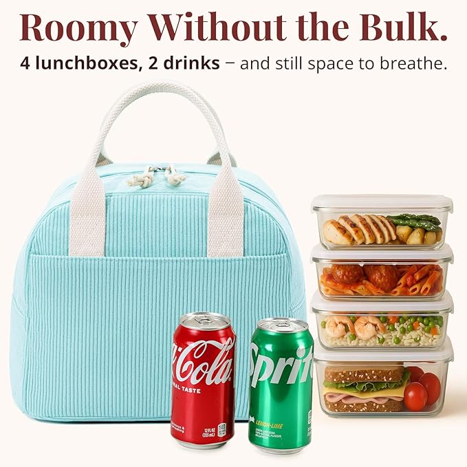 Insulated Lunch Bag for Women Men, Stylish Corduroy Tote Bag with Aluminum Lining, Large Capacity Reusable Cooler for Work, Travel, or Beach, Mint Green Lunch Box
