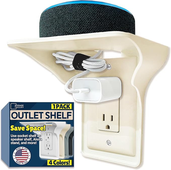 BeraTek Power Perch Wall Outlet Shelf with Cord Storage Strap - Declutter & Reclaim Bathroom Counter Space - Echo Dot Stand, Homepod Mini Wall Mount, Smart Home Devices Organizer - Almond, 1-Pack