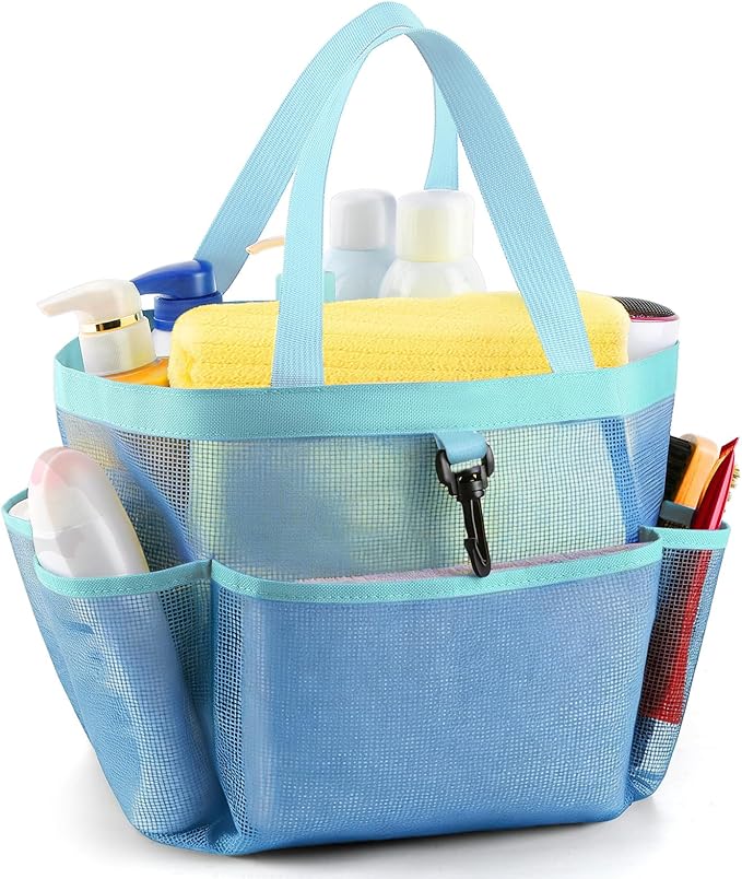 Mesh Shower Caddy Portable for College Dorm Room Essentials with 8 Pockets, Shower Bag for Beach, Swimming, Gym, Travel, Bathroom(All blue)