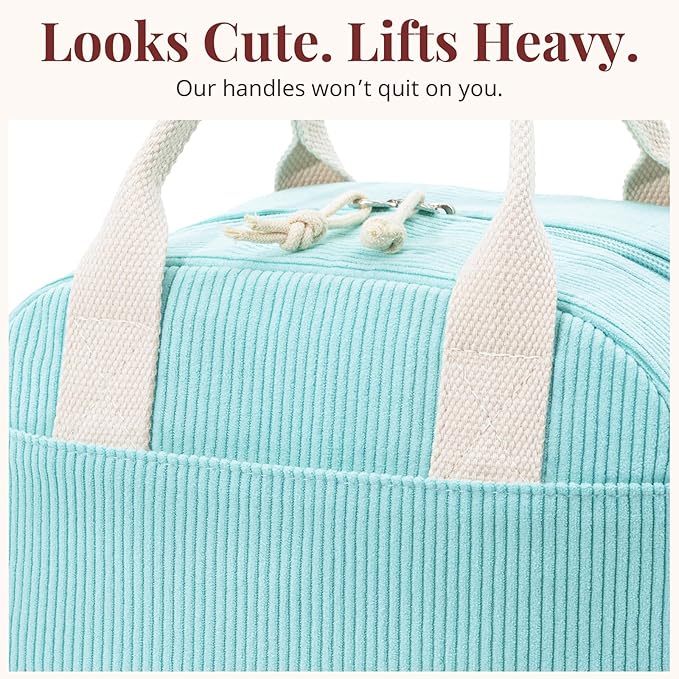 Insulated Lunch Bag for Women Men, Stylish Corduroy Tote Bag with Aluminum Lining, Large Capacity Reusable Cooler for Work, Travel, or Beach, Mint Green Lunch Box