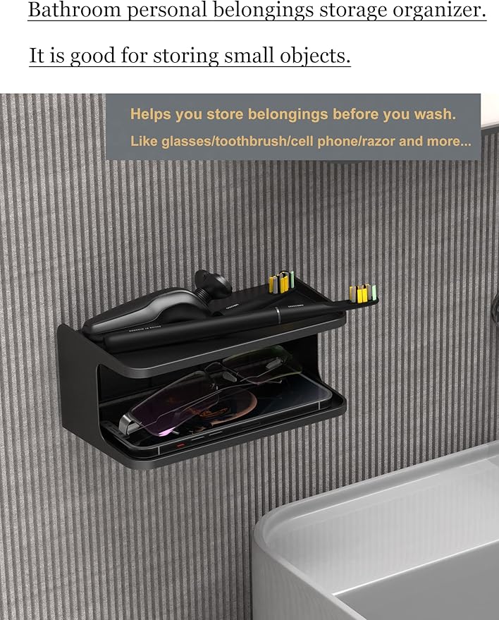 Bedside Wall Shelf Organizer Small Bedside Shelf Wall Mount for Bed Universal Stick on Wall Shelf Double Tray Holder for Storing Cellphone, Glasses, Keys, Camera, Alarm Clock (Black)