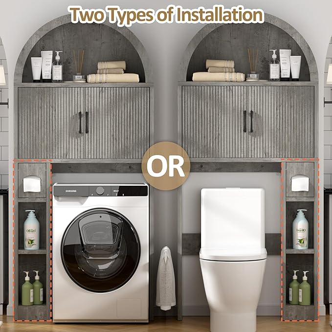 Spurgehom Over The Toilet Storage Cabinet, Bathroom Shelf Organizer Freestanding, Bathroom Arch Cabinet Over Toilet with Toilet Paper Holder and Anti-Tipping Device, Grey