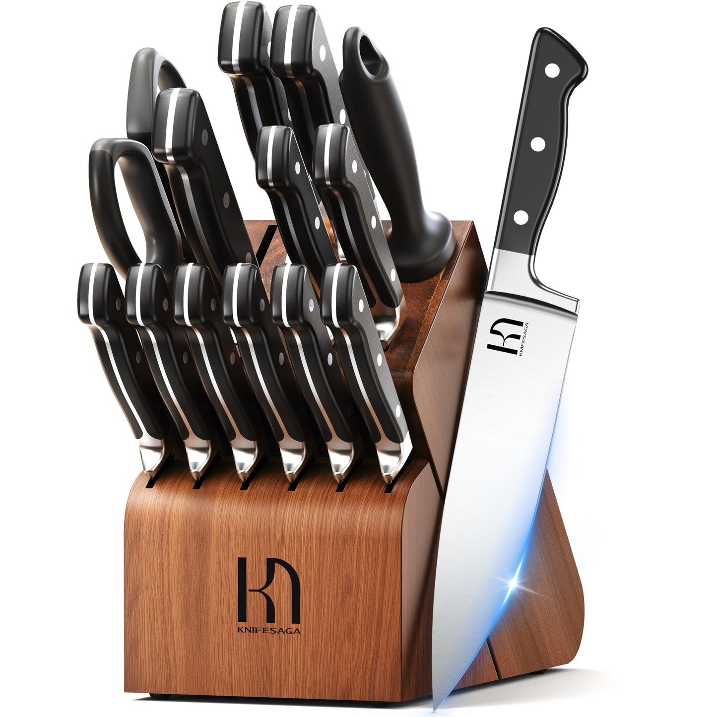 KnifeSaga 15-pc Japanese Kitchen Knife Block Set, Razor Sharp, Professional