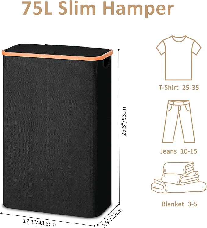 Slim Laundry Basket with Lid, Narrow Dirty Clothes Hampers for Laundry with Handle, Skinny Laundry Bin for Laundry Room, Dorm, Bedroom and Bathroom, 19.8 Gallon (75L) Black