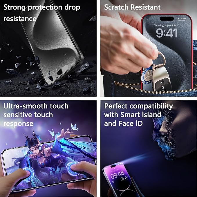2 Pack Matte Screen Protector for iPhone 15 Pro, 9H Tempered Glass, Full