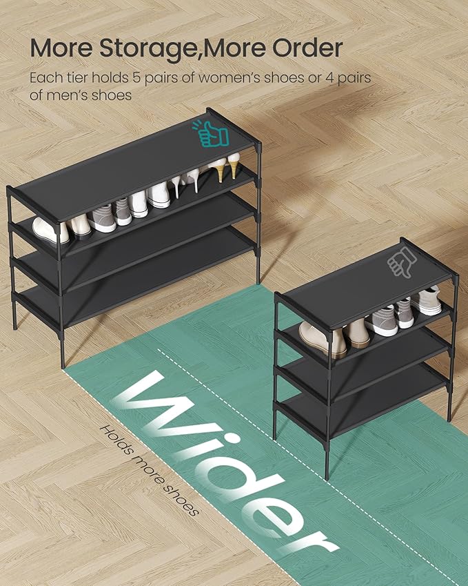 SONGMICS Shoe Rack, 4-Tier Shoe Storage Organizer, Space-Saving, 11.7 x 36.1 x 27.7 Inches, Entryway, Metal Frame, Non-Woven Fabric Shelves, Ink Black ULSH034BH01