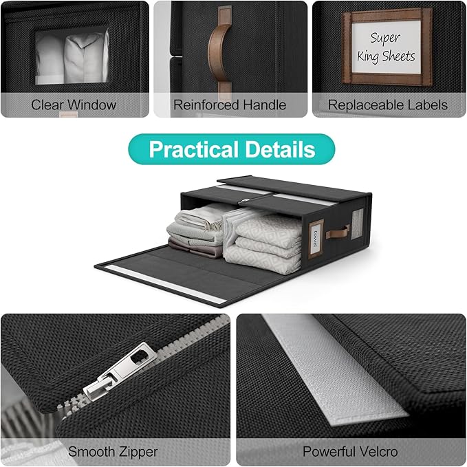 4 Pack Foldable Bed Sheets Set Organizers and Storage(Super King Size),Linen Fabric Closet Organizers with Window,Folding Bedding Storage Box for Bedsheets and Pillow Cube Organizer-Black