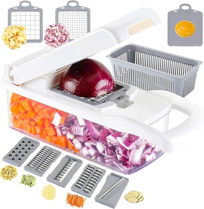 Ourokhome Vegetable Chopper Onion Cutter, 14 in 1 Professional Mandoline Slicer for Kitchen, Multifunctional Food Chopper for Potato, Tomato, Veggie with Strainer Basket, 10 Blades, Black