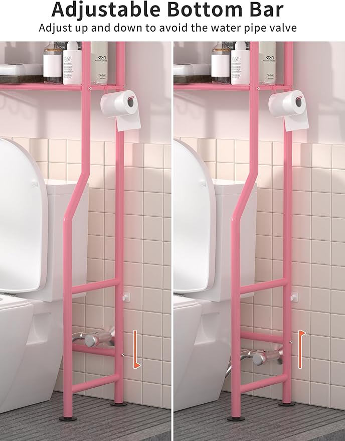 3-Tier Over The Toilet Storage, Freestanding Metal Bathroom Shelves with 4 Hooks, Over Toilet Storage Shelf with Paper Holder, Above The Toilet Shelf for Bathroom Storage, Pink