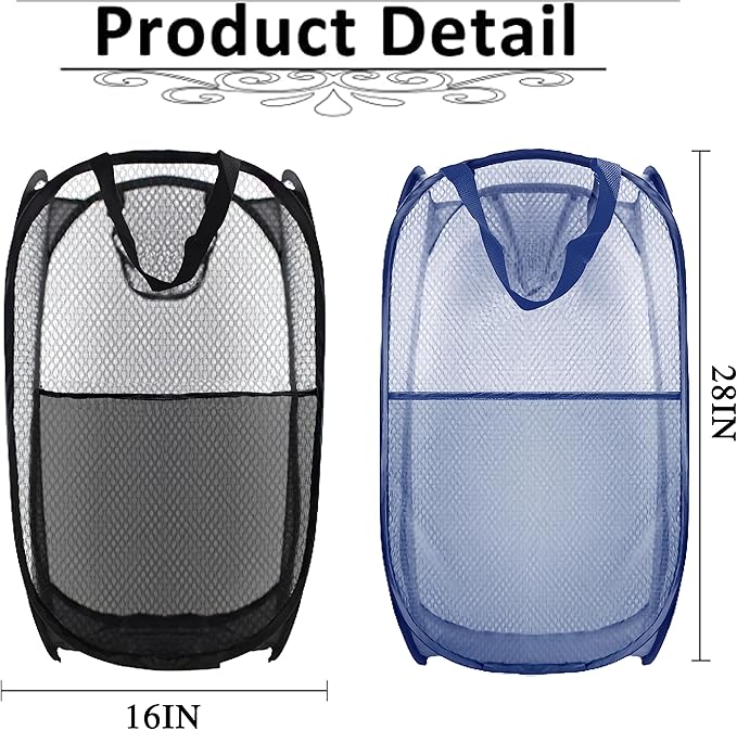 Collapsible Pop Up Laundry Hamper, Extra Large Mesh Foldable Laundry Basket Bag, 28" x 16" x 16", 2 Pack (Black + Blue)