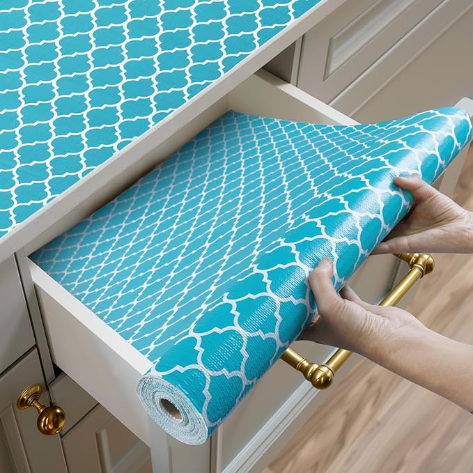 Shelf and Drawer Liner for Kitchen Cabinets Non-Adhesive, Strong Grip Non-Slip Thickened Cabinet Liners for Shelves, Waterproof Mats for Dresser Cupboard, Green/White, 12 in x 10 Feet